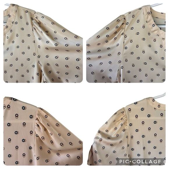 New Ann Taylor Cream Tan Navy Ring Print Blouse Top Elastic Cuff Split Neck Sz L - Picture 3 of 8